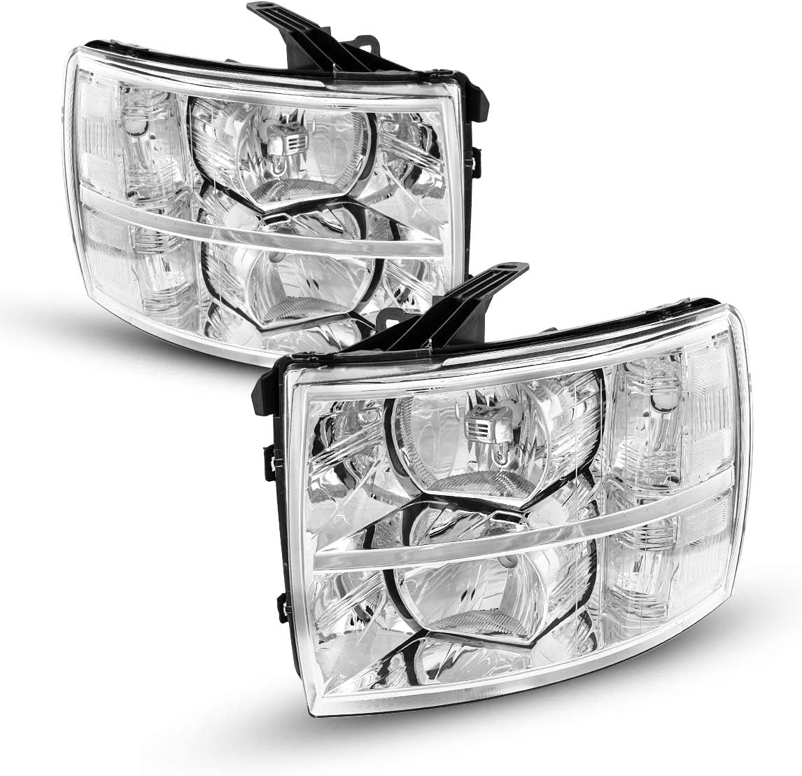 Euro Style Chrome Headlights For 2007-2014 Chevy Silverado 1500 - Clear Lens & Reflector, Halogen, Pair