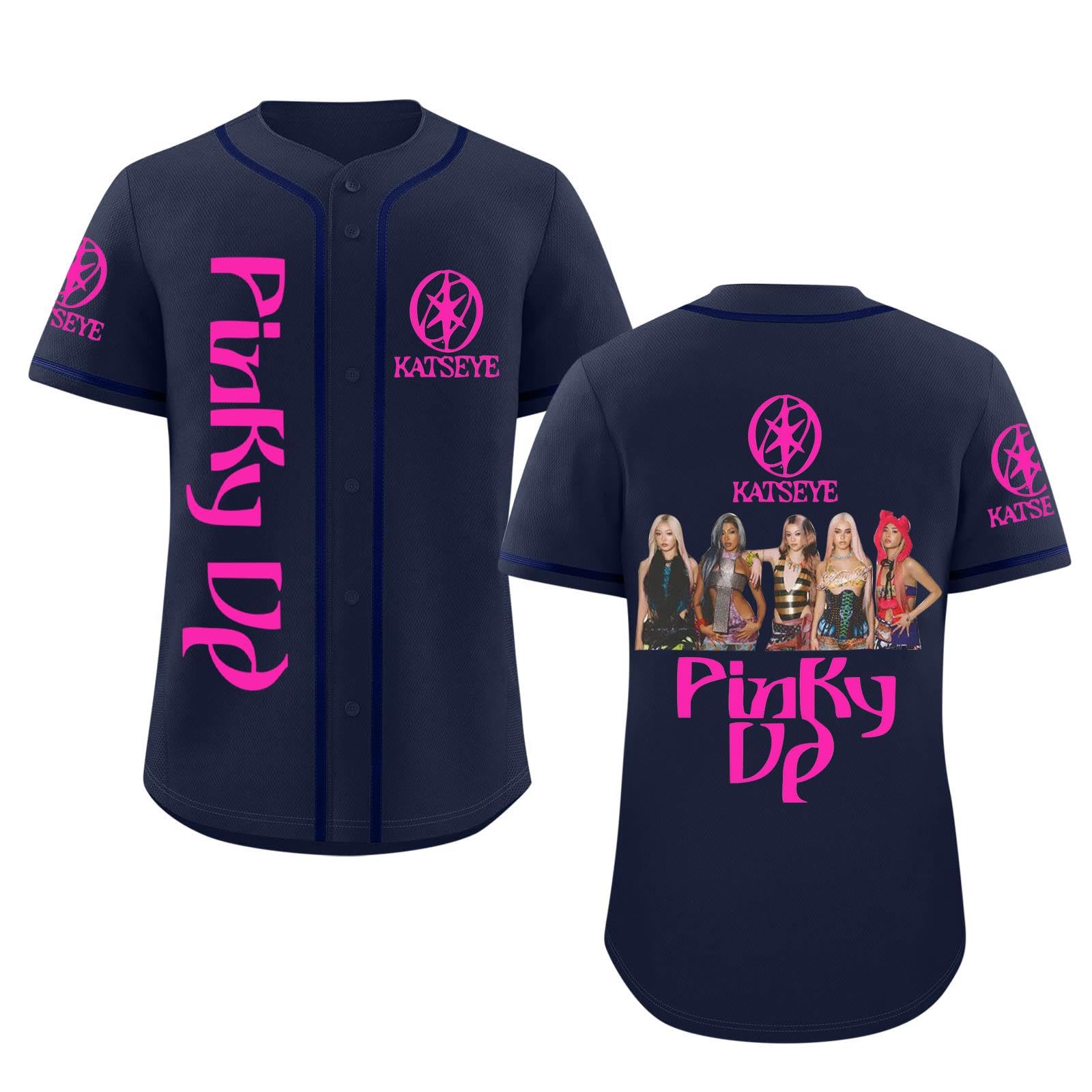 Katseye Tshirt Beautiful Chaos Album Pinky up Baseball Jersey Short Sleeve Button Down Casual Hip Hop Katseye Merch Baseball Jersey for Fans Men Women 02-Navy S