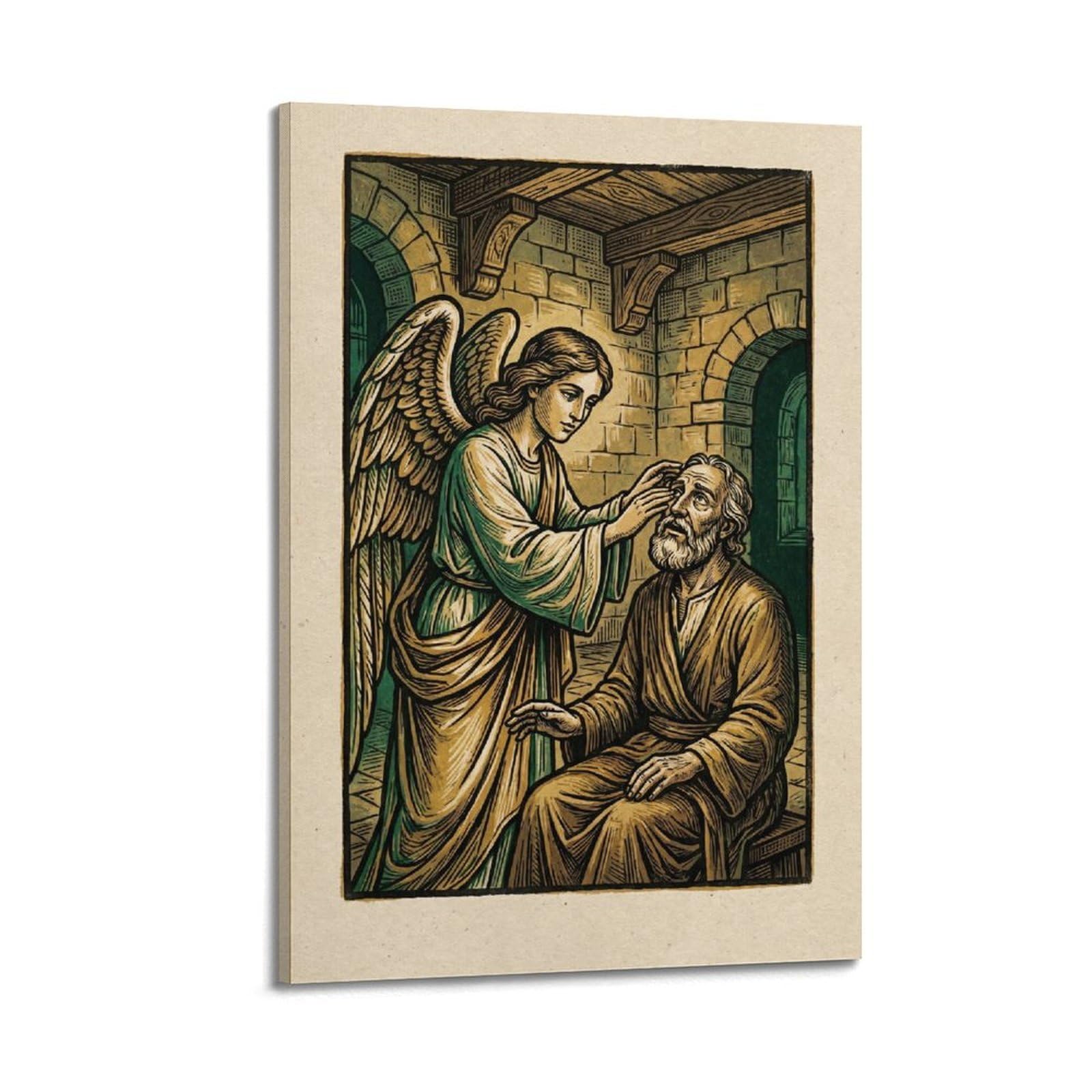 OKNGB Archangel Raphael Poster Tobias Healing Green Gold Miracle Faith Decorative Painting Canvas Art Picture 12x18inch(30x45cm)
