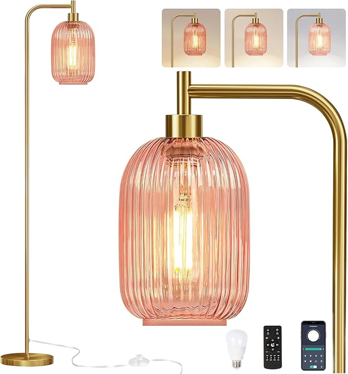 Gold Floor Lamp for Living Room,Bedroom,Mid Century Modern Standing Lamp with Remote,Dimmable Brass Tall Lamp Vintage Retro Green Glass Arc Floor Flower Floor Light Boho Bohemian