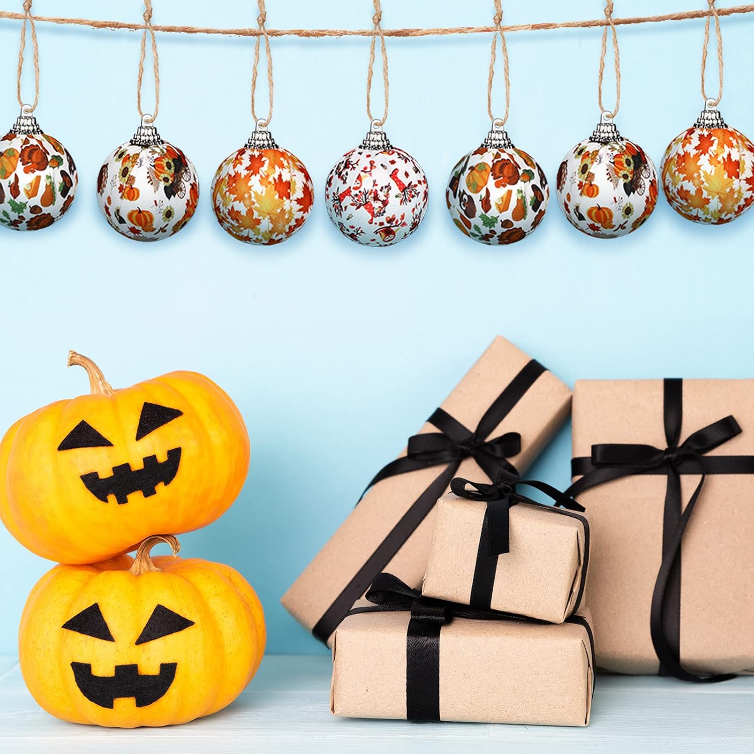 16 Pcs Small Tree Fall Hanging Ornament Thanksgiving Ball Maple Leaf Pumpkin Fabric Wrapped Small Tree Ornaments for Thanksgiving Harvest Autumn Decoration Halloween Party Supplies(Delicate Style)