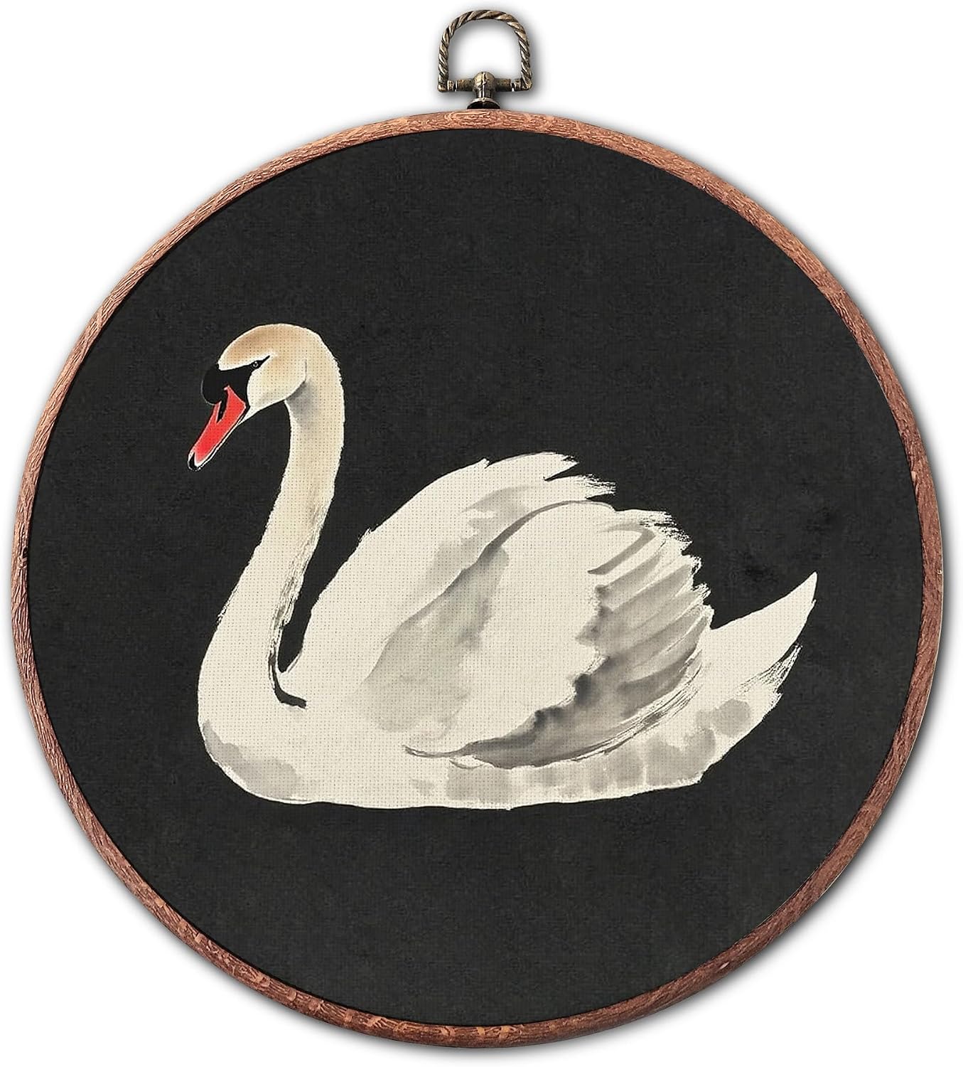 PSBGPC Swan on Black Round Framed Canvas Wall Art 10 Inch Wood Look Hoop with Hanging Hook Minimalist Animal Decor Gift for Bedroom Bathroom Entryway.(016)