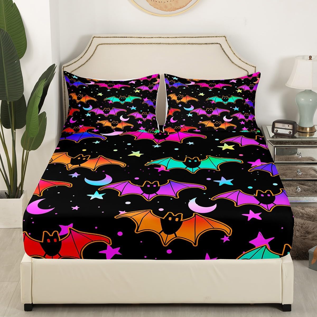 Erosebridal Purple Happy Halloween Fitted Sheet Full,Bat Bed Sheets for Halloween Decor,Cartoon Bats Bed Set,Halloween Bedding Set with 2 Pillowcases Deep Pockets,no Top Sheet