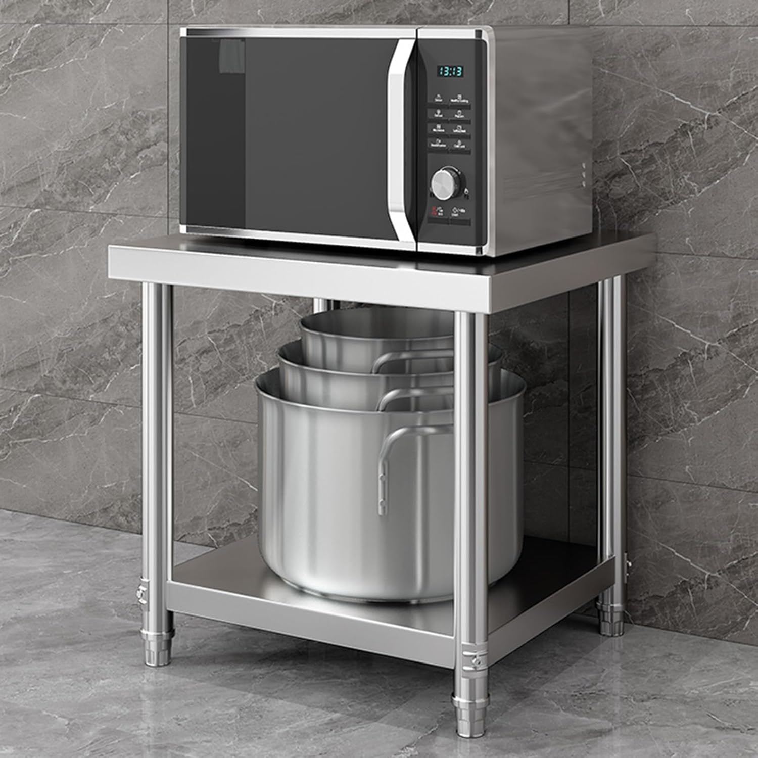 Double Workbench Multi-functional Sturdy Metal Table Commercial Kitchen Prep Table Thickened Stainless Steel Workbench Triangular Fixing Sturdy and Stable Open Storage Shelves