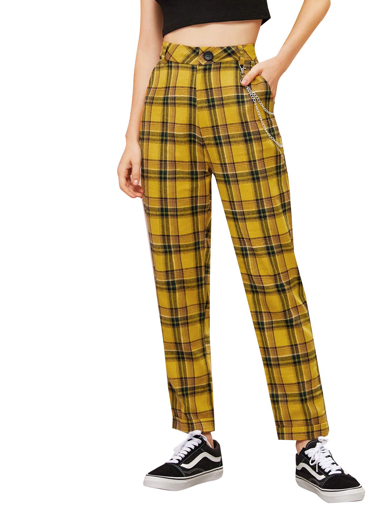 DIDKWomen's Tartan Plaid Mid Waist Straight Pants