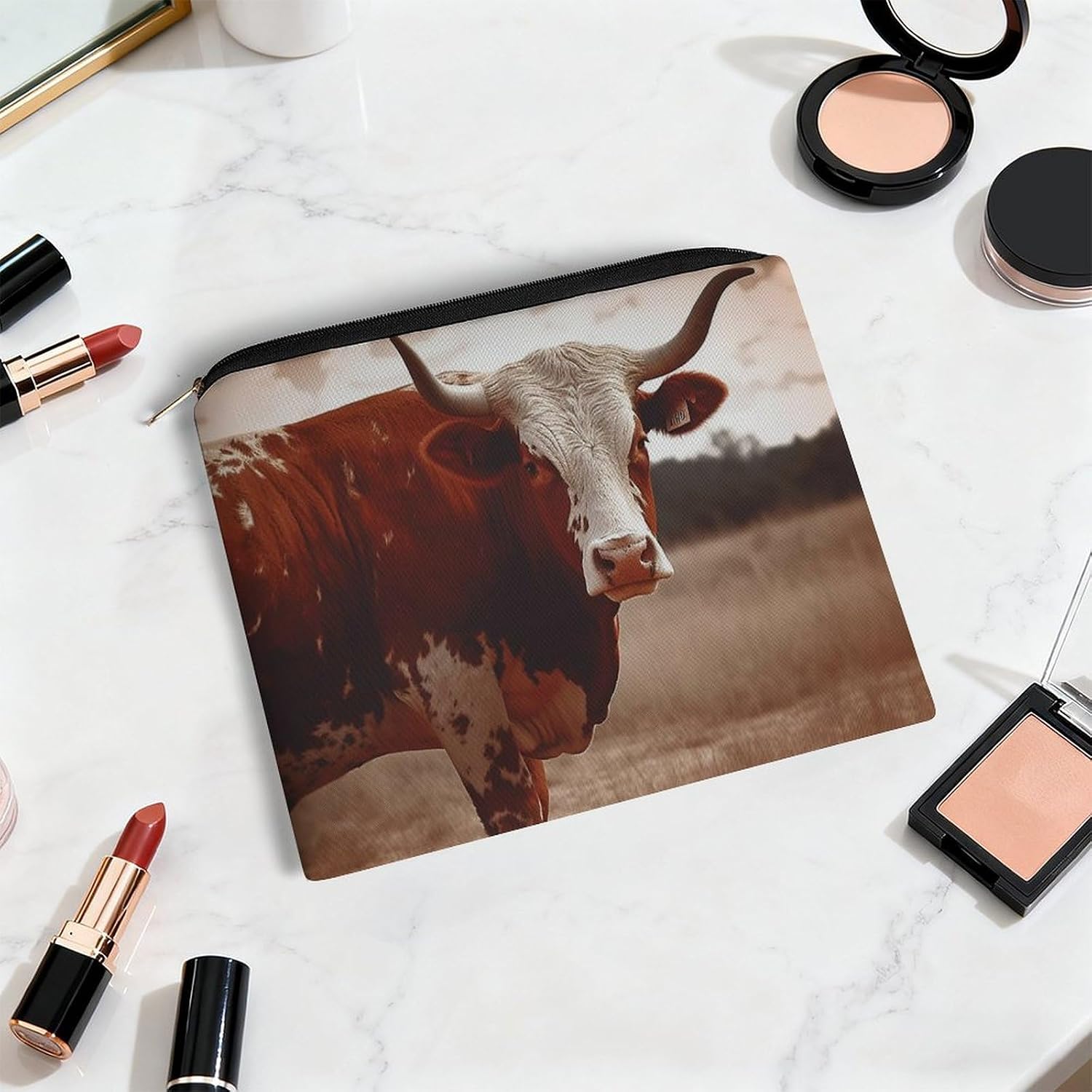Lightweight Polyester Texas Cow Makeup Bag with Zipper image 5