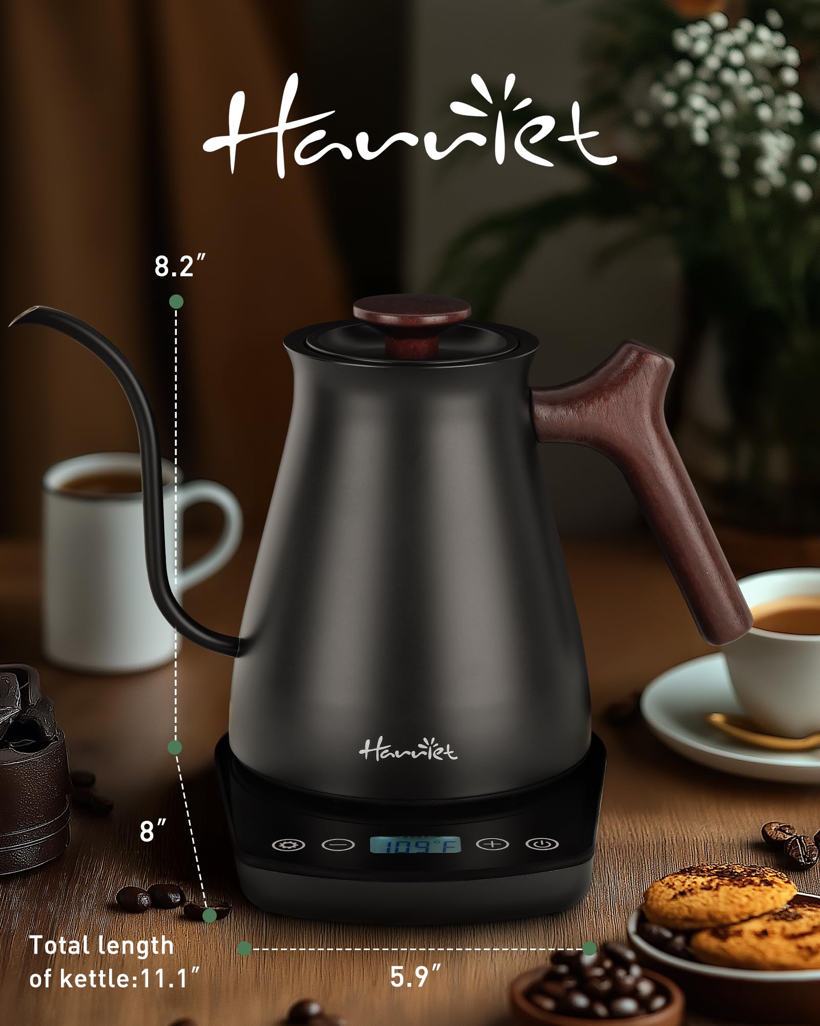 Harriet Gooseneck Electric Kettle, 0.8L, 1°F Control, Brew Timer | 120-Min Keep Warm, 104–203°F Control, Built-In Brew Timer, SUS304 Stainless Steel, Wood-Accent Handle for Pour-Over Coffee
