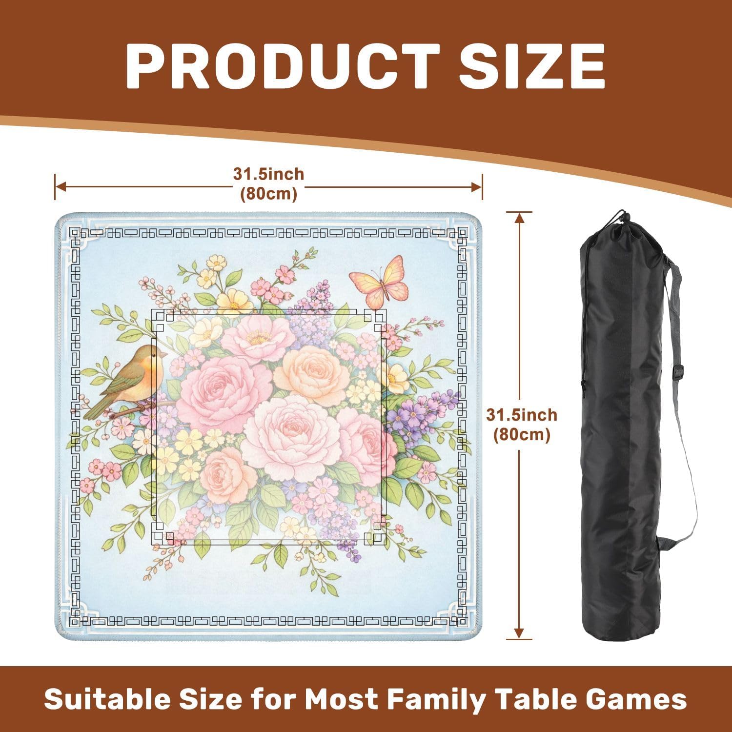 Mahjong Mat for Table Floral Bouquet Pink Peach Roses Yellow Purple Flowers Bird Butterfly 31.5" x 31.5" Non-Slip Noise-Reducing Game Mat Premium Mahjong Accessories for Poker Dominoes Hosting