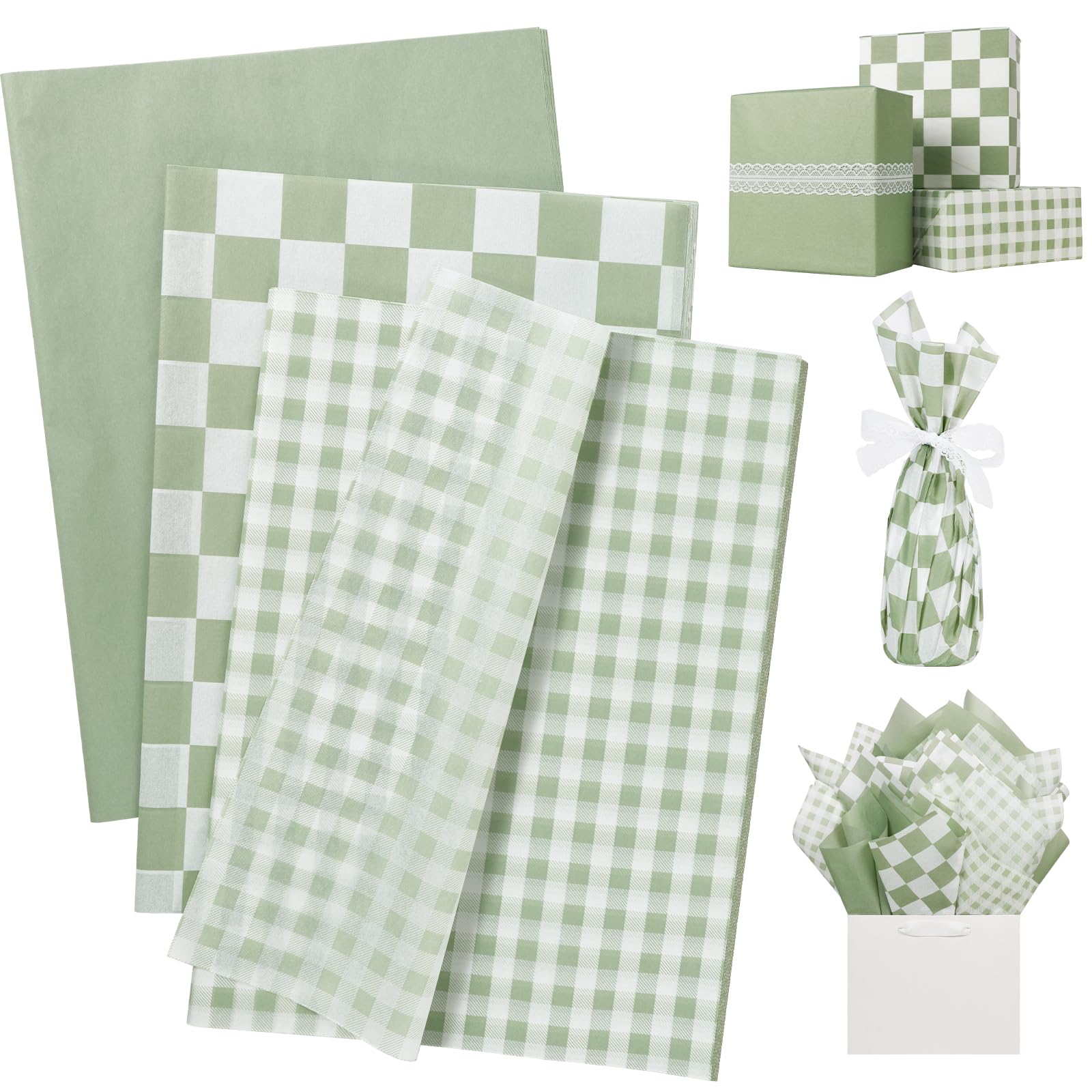 UNIQOOO 120 Sheets Checkered Tissue Paper Sage Green Buffalo Plaid Gift Wrapping Paper Art Craft Paper for DIY Crafts Wedding Birthday Baby Shower Party Decorations, 20x 14 Inch
