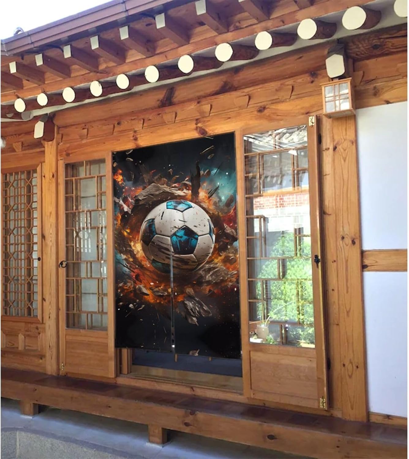 Firecracker Soccer Prints Door Curtain, Bathroom, Half Covered, Two partition Curtains 34x56in