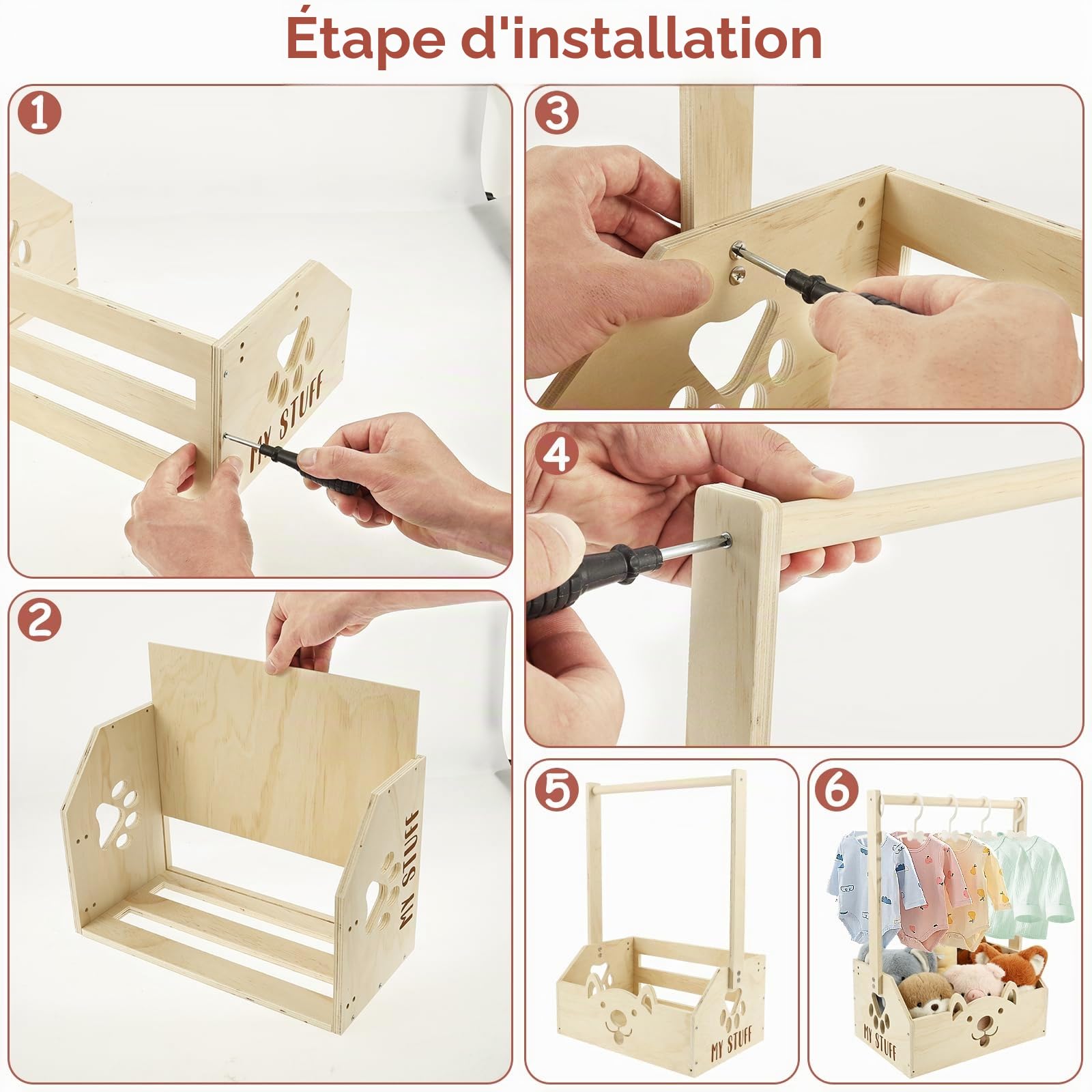Panier en bois pour bébé avec poignée et 5 cintres pour enfants - Armoire de rangement polyvalente pour bébé - Panier de rangement pour nouveau-né - Pour anniversaire, fête prénatale, Noël, nouveaux