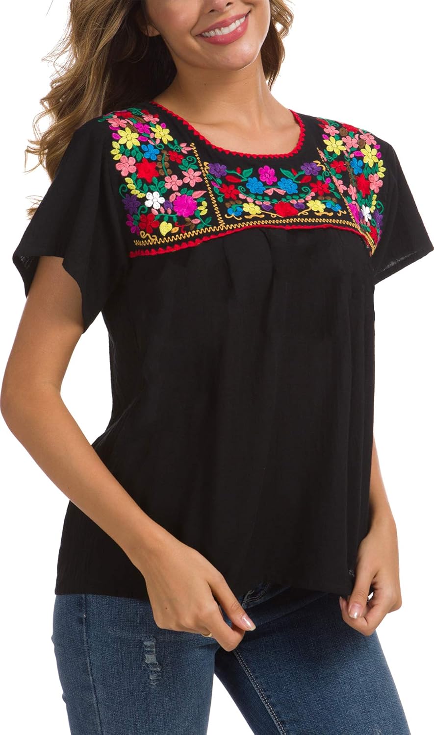 YZXDORWJ Women’s Embroidered Mexican Peasant Blouse Mexico Summer Shirt Short Sleeve