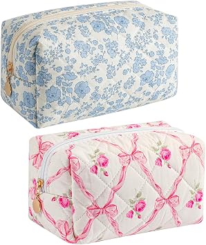 Gleyemor 2 Pieces Quilted Makeup Bag, Cute Floral Cosmetic Bag for Women, Cotton Make Up Bag Set, Flower Travel Toiletry Bag Tote Bag Organizer Blue Floral+ Pink Rose