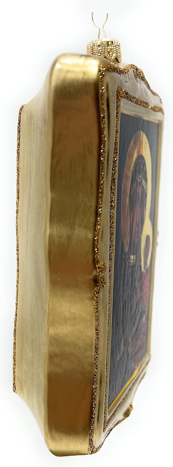 Christmas Ornament, Our Lady of Czestochowa - Saint Mary with Baby Jesus, Blown Glass Picture Shape 6-inch (Gold)
