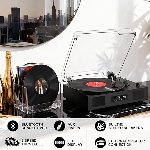 Miniatura 2 de Tocadiscos de vinilo Bluetooth con dos altavoces incorporados, unidad de correa de grabación USB, tocadiscos de 3 velocidades para discos de vinilo,