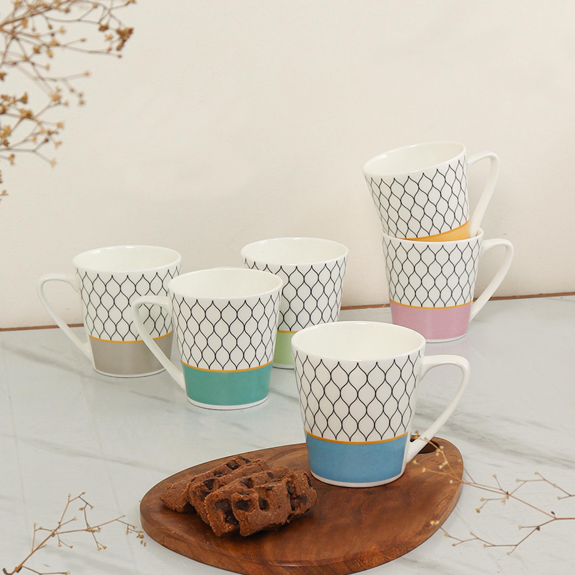 Femora Ceramic Multicolor Cups Set of 6, 180ML, Microwave Safe