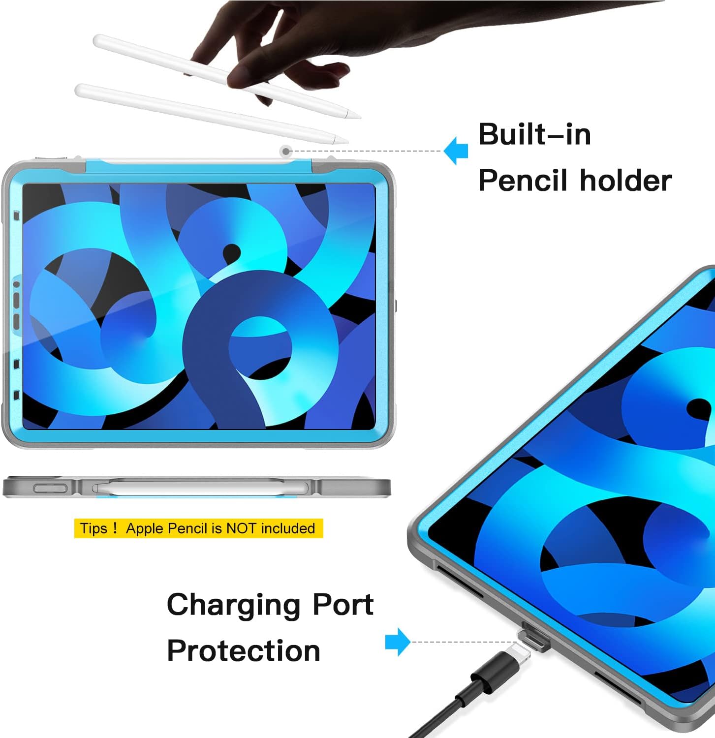 Ztotop Case for iPad Air 5th/4th Generation 10.9 Inch 2022/2020,iPad Pro 11" 2018 1st Gen,Built-in Screen Protector,Shockproof Cover with Pencil Holder + Kickstand for iPad Air 10.9 Inch Tablet,Blue