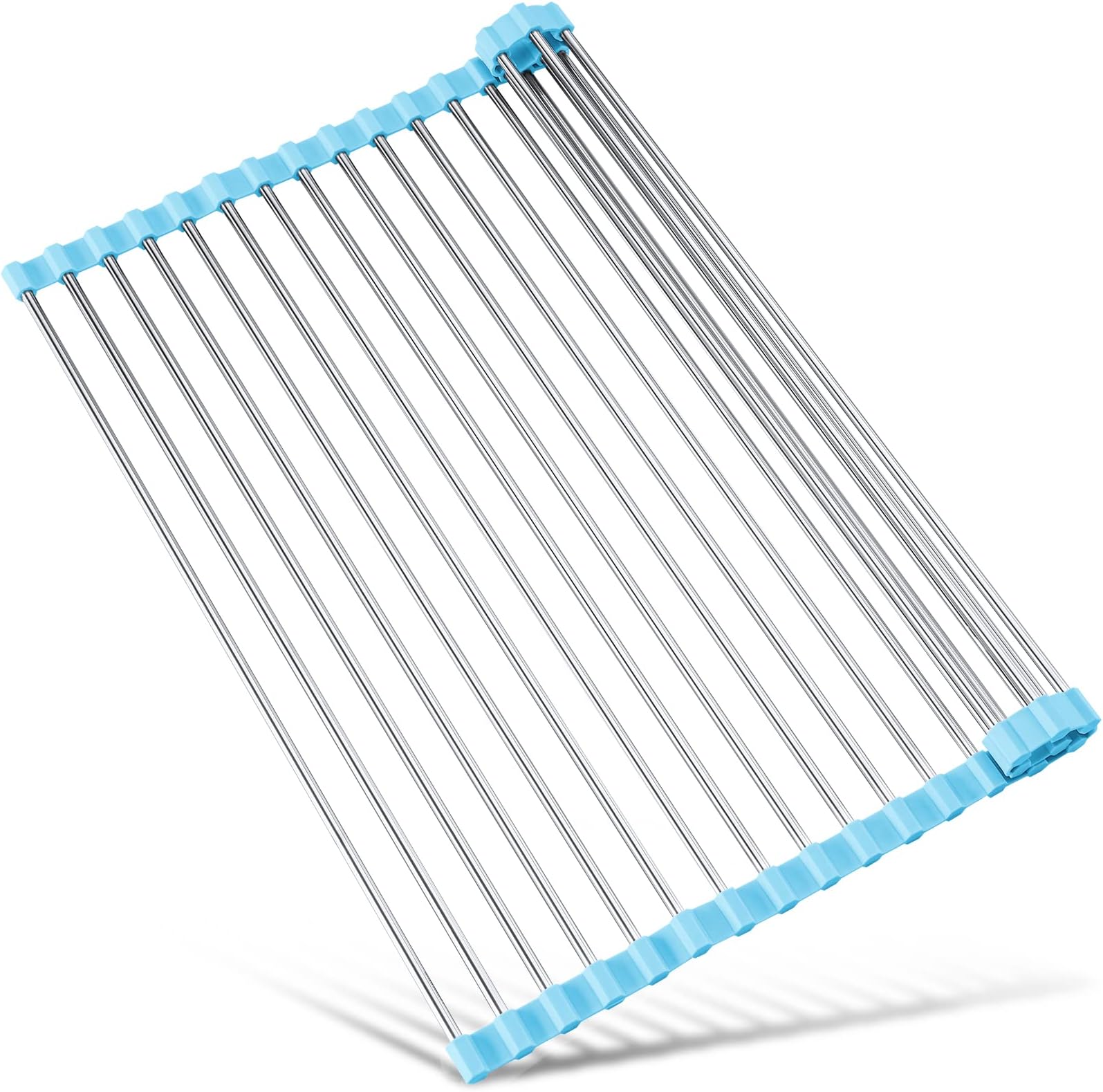 Tomorotec 17.7" x 15.5" Rollable Dish Drying Rack, Roll Up Foldable Dish Racks Multipurpose Anti-Corrosion 304 Stainless Steel Over Sink Kitchen Drainer Rack for Cups Fruits Vegetables (Blue)