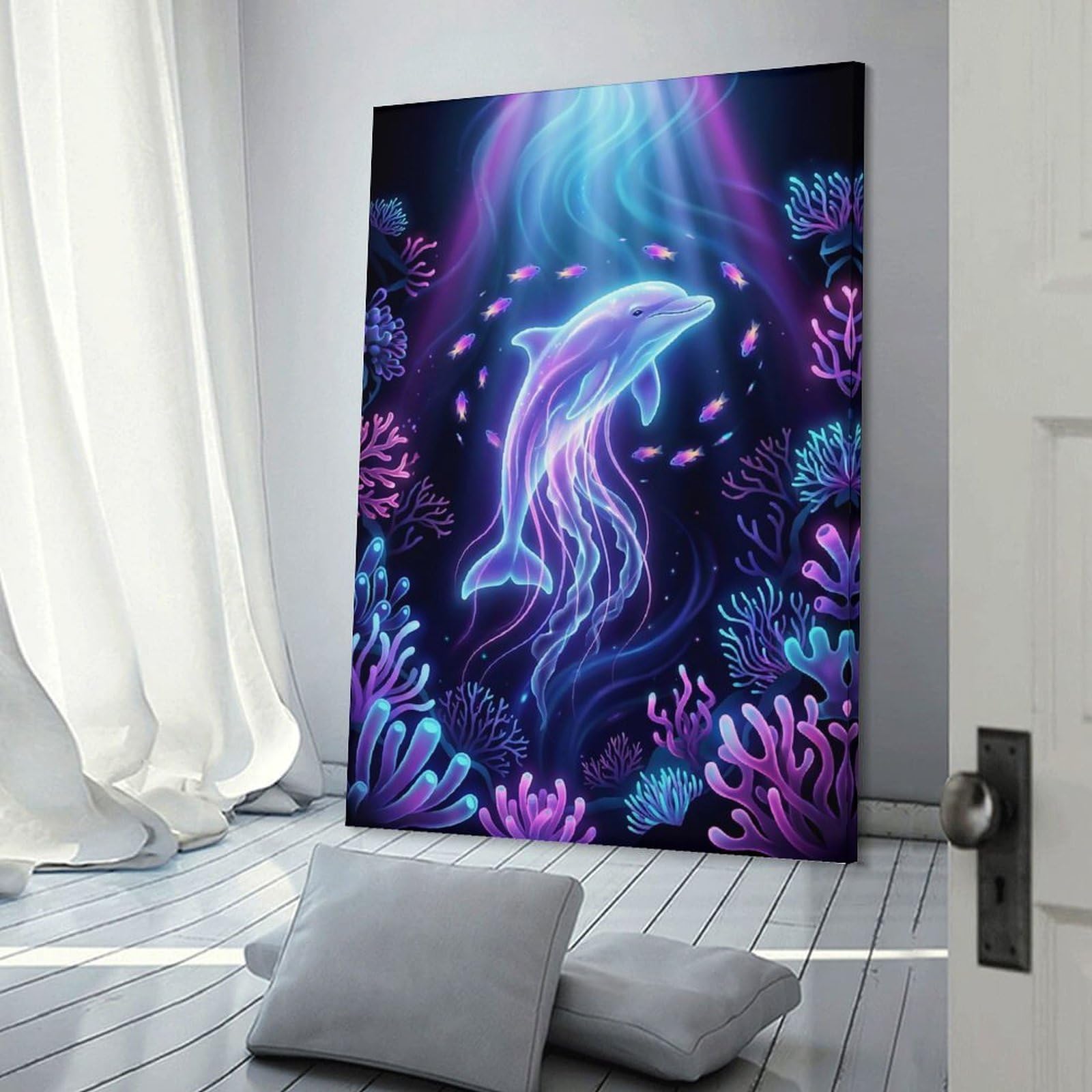 Junmoney Bioluminescent Dolphin in Coral Reef Wall Art Print, 16x24inch(40x60cm), for Workspace Walls, Study Corners Or Bedrooms, A Smart Decor Choice for Study Walls