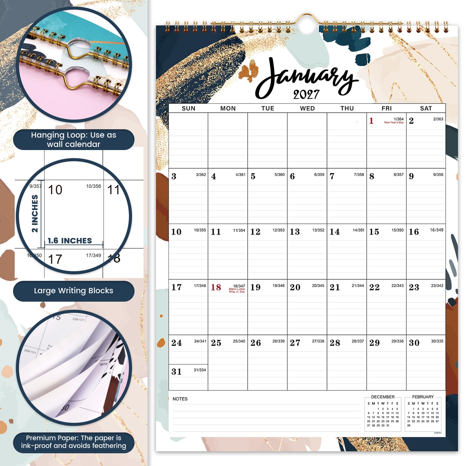 Wandkalender 2023-2024,18 Monate Kalender von Juli 2023,Dez. 2024, 30.5x43.2 cm, Doppeldrahtbindung, Tagesblöcke mit julianischen Daten, perfekt für die Organisation zu Hause, in der Schule & Büro