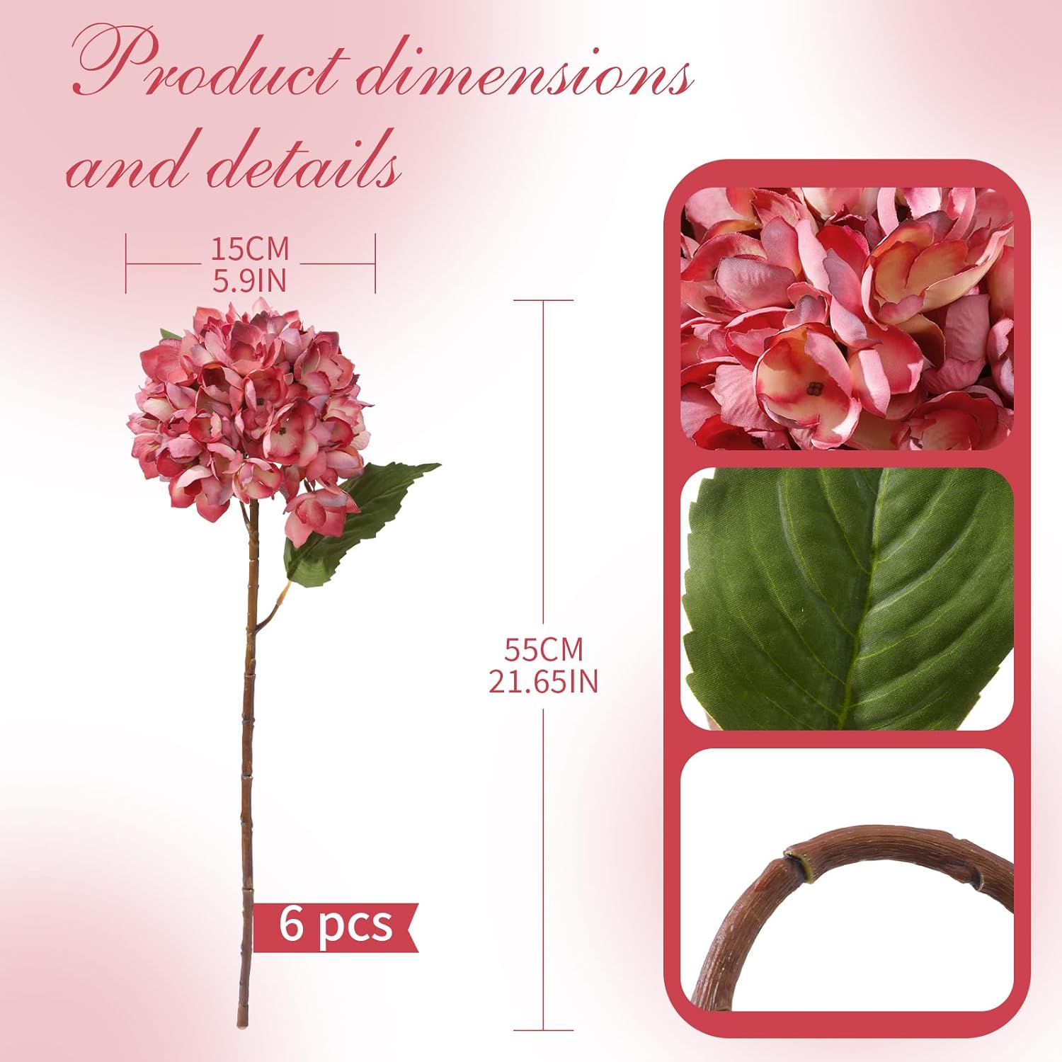 6PCS 21 Inch Lifelike Artificial Silk Hydrangea Flowers, Large Fake Hydrangea Flowers Bouquet with Stems, Full Faux Hydrangea for Home Decor Wedding Table Party Office Decor(Dusty Red)