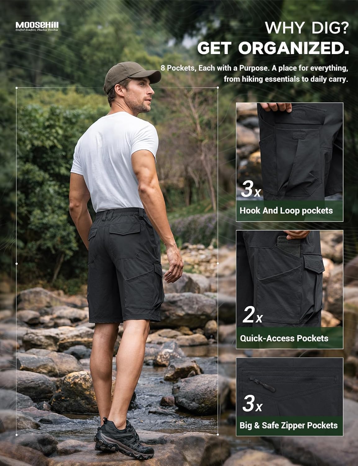 Moosehill Hiking Shorts Men 8-Pocket: Cargo Lightweight Quick Dry Water Resistant Stretch for Outdoor Fishing Camping