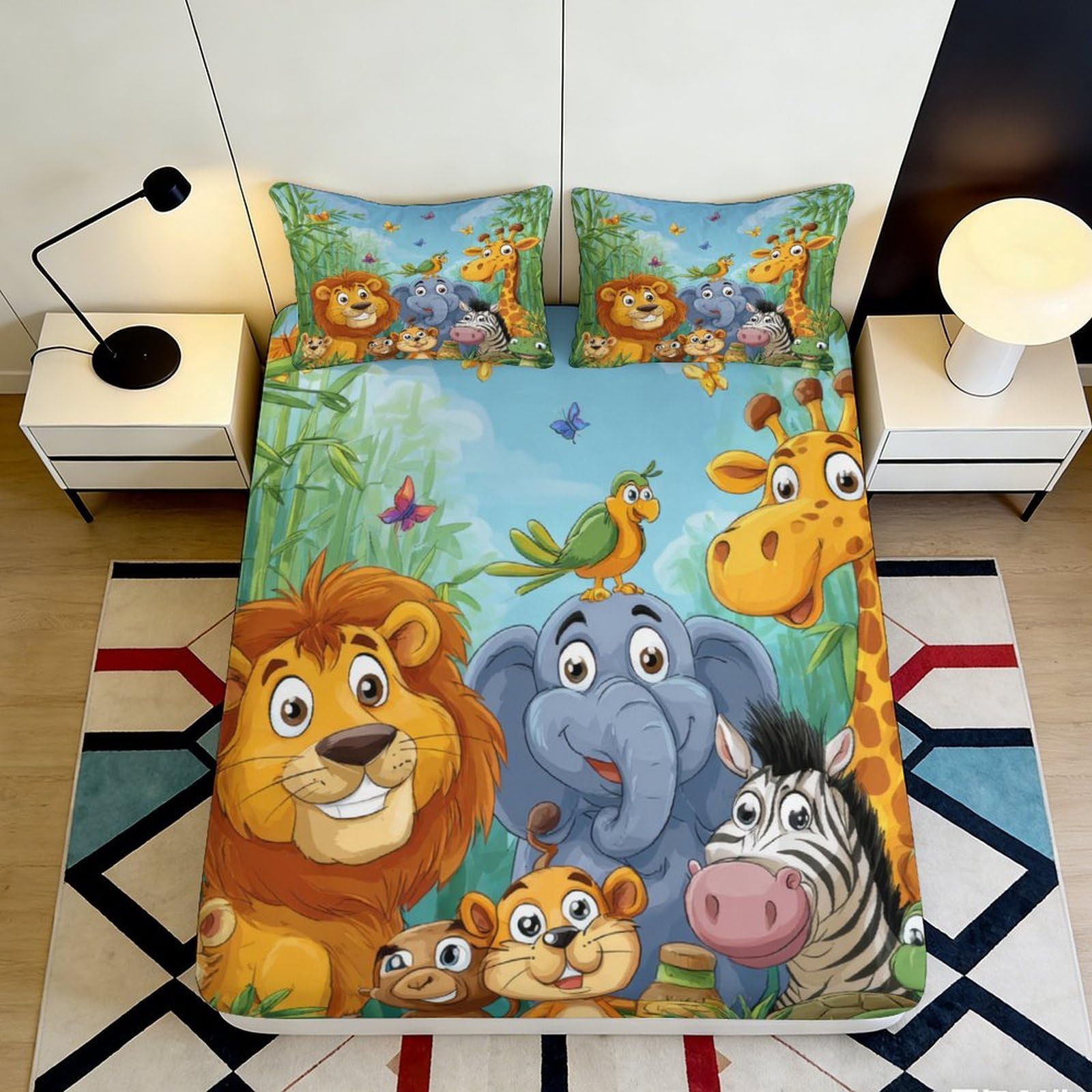 3D Printed Jungle Animals Fitted Sheet Microfiber Soft Breathable Cartoon Safari Bed Cover for Bedroom Dormitory Guest Room Mattress Protection Decor 160x200x25cm