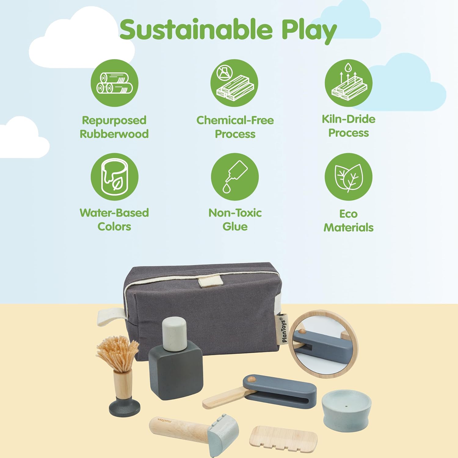 PlanToys® Wooden Pretend Play Grooming Kit for Kids | Montessori Barber Role Play Toy with After-Shave Bottle, Razor, Comb, Brush & More | Eco-Friendly Educational Gift for Toddlers and Preschoolers