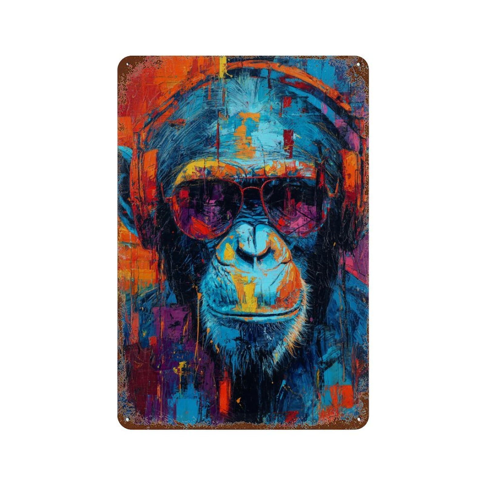 Chimp DJ Headphones Sunglasses Art Print Vintage Metal Tin Sign 11.8"x7.9", Farmhouse Wall Decor for Garage, Bar And Workshop Decor