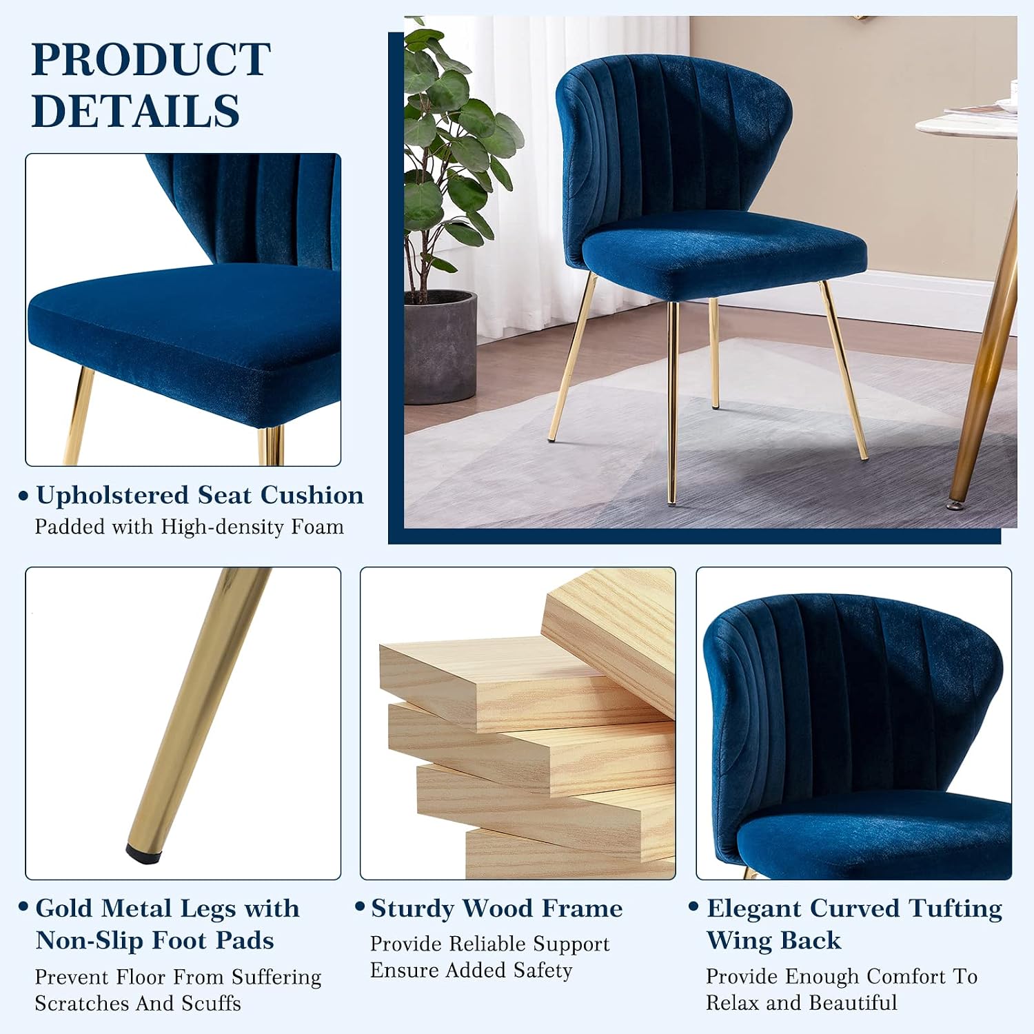 HULALA HOME Velvet Dining Chair, Cute Armless Accent Chair Living Room Chair with Golden Legs, Mid Century Modern Upholstered Side Chair for Kitchen Vanity, Navy