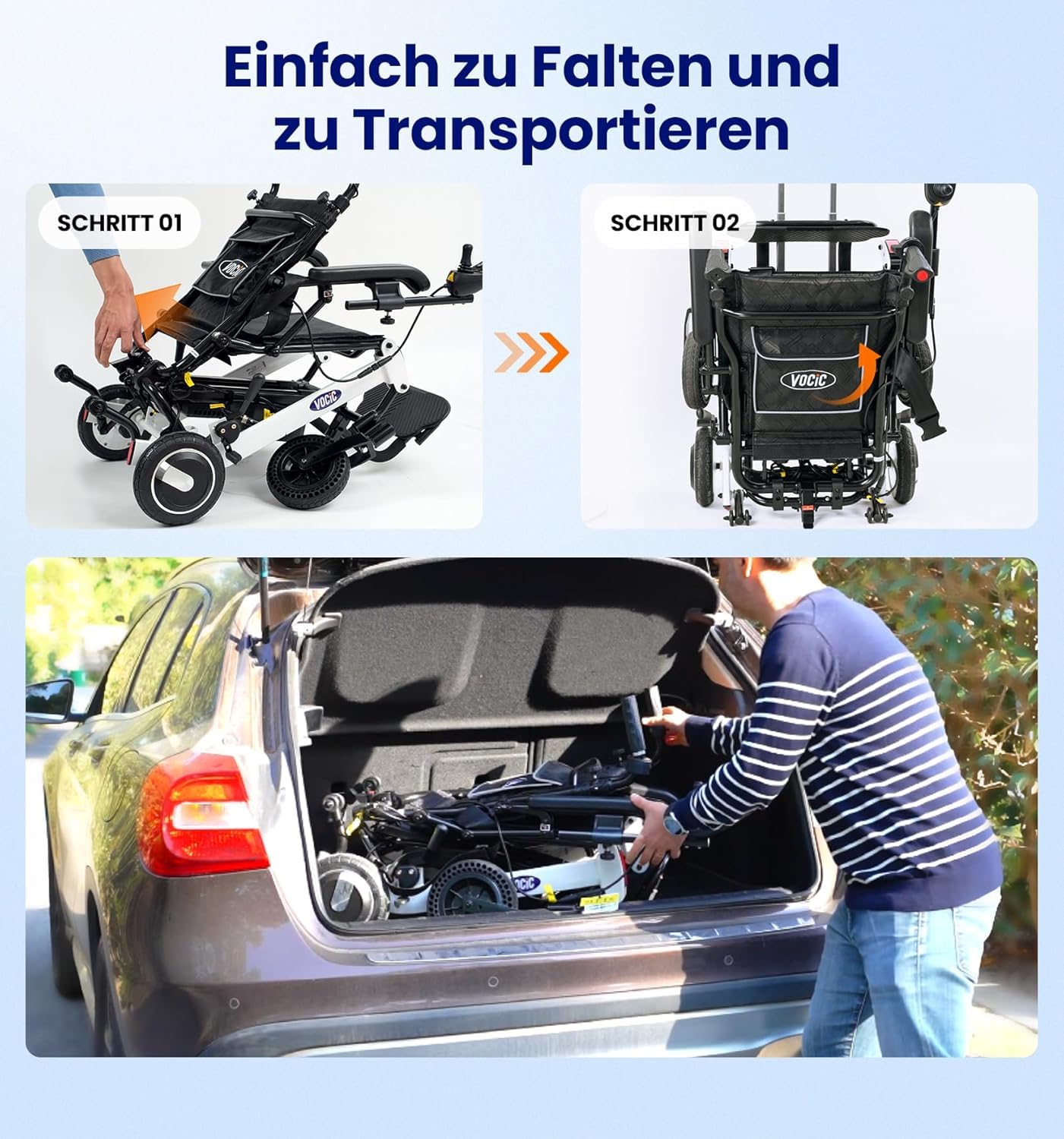 VOCIC V55 Silla de ruedas eléctrica plegable ligera con control trasero (21 kg), silla de ruedas eléctrica de hasta 136 kg, para todo terreno, 500 W, con Bluetooth, autorización de avión, color blanco