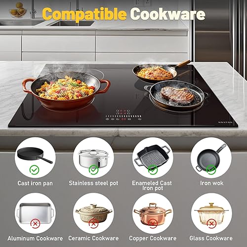Miniatura 5 de Placa de cocción de inducción Noxton de 30 pulgadas, placa de cocción eléctrica de 7200 W con 4 quemadores BOOST, 9 configuraciones de potencia
