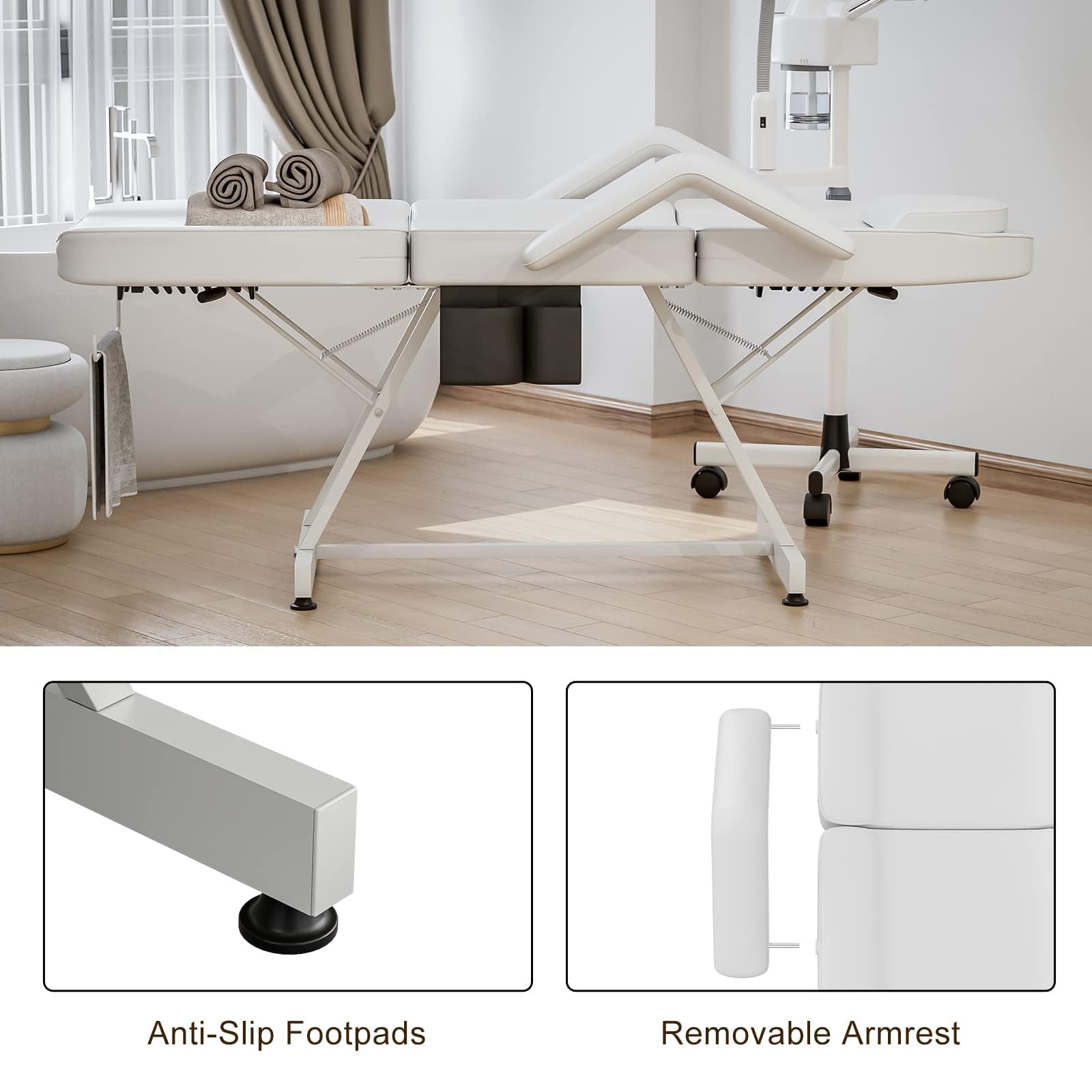 Verstellbare Kosmetikliege mit 3 Abschnitten und hydraulischem Hocker für professionelle Salons und Spas, Weiß