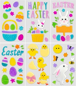 6Pcs Easter Window Clings Jelly Stickers Bunny Egg Flower Chick for Glass Windows Mirrors Refrigerators, Easter Window Decorations for Home Office Party Gift Decals
