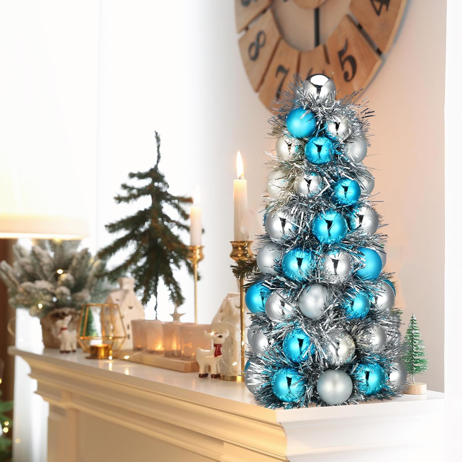 Cinnvoice Small Christmas Tree Decoration 11'' Tabletop Silver Christmas Tree with 62 Balls Ornaments for Home Office Table Fireplace Xmas Decor(Teal Blue)