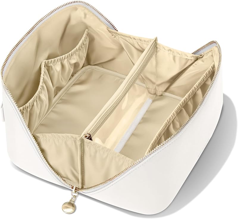 Necessaire de maquiagem para viagem MSTONAL, abertura plana, tamanho médio, Ivory White