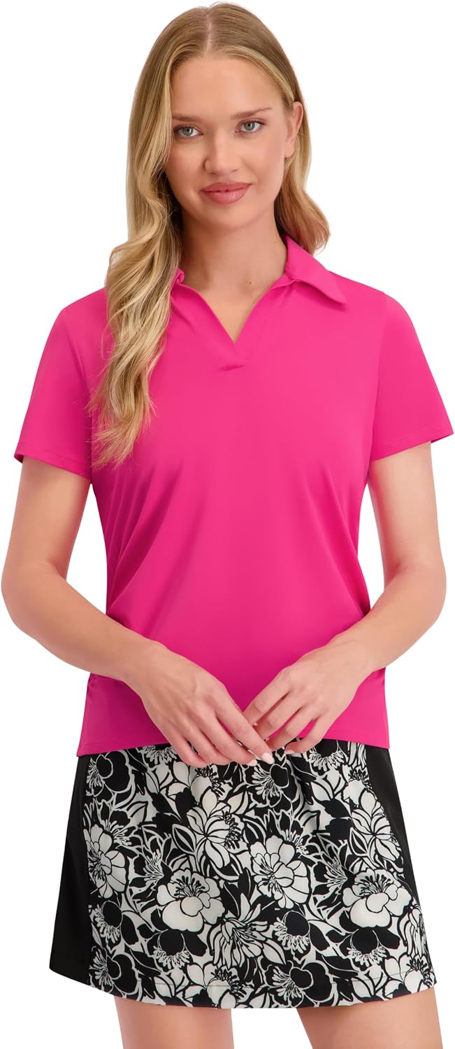 Stella Parker Women's Side Ruched Short Sleeve Polo Shirt – UPF 50+, Stretch Fabric