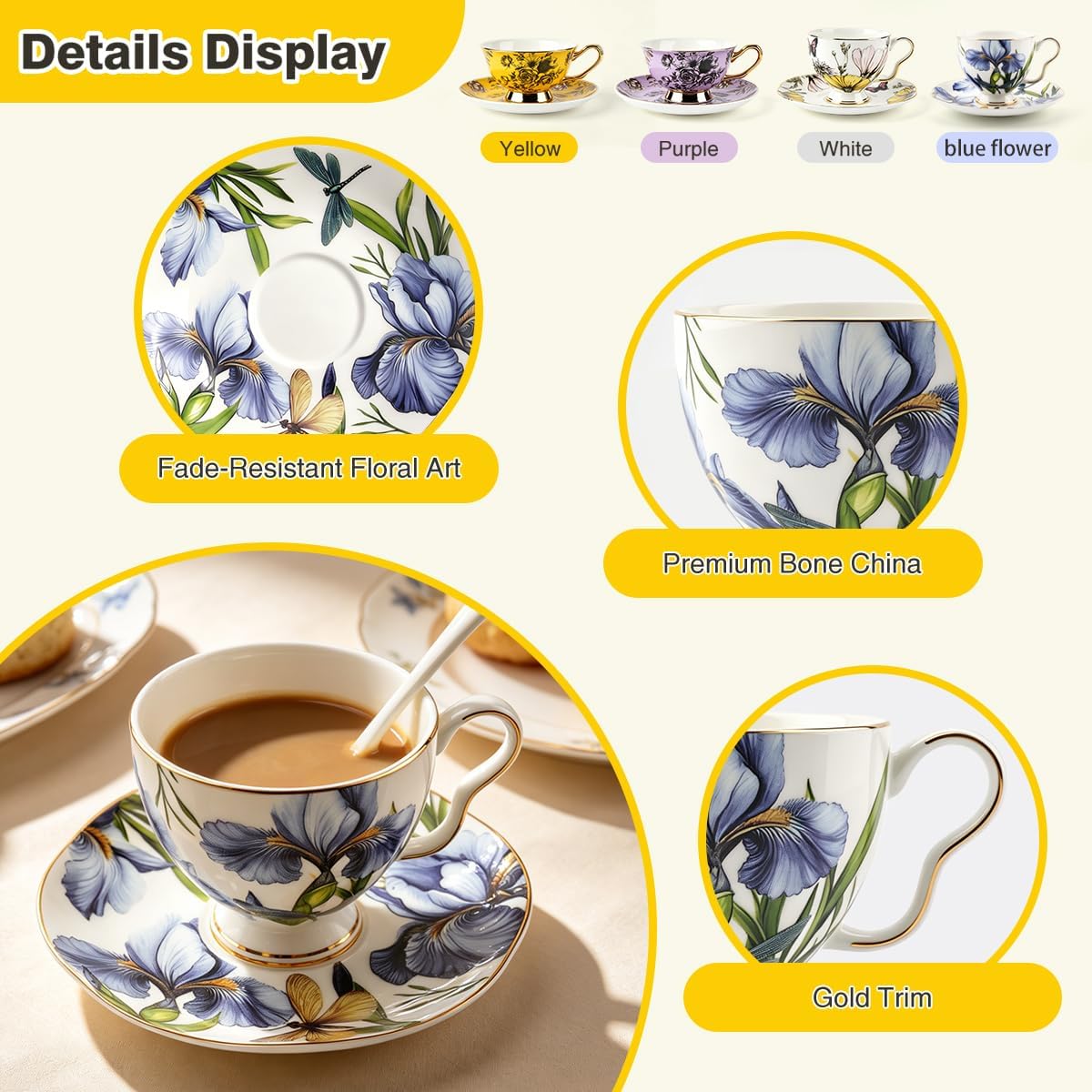 Bone China Tea Cup and Saucer Set with Spoon, 7 oz Blue Iris Gold Trim
