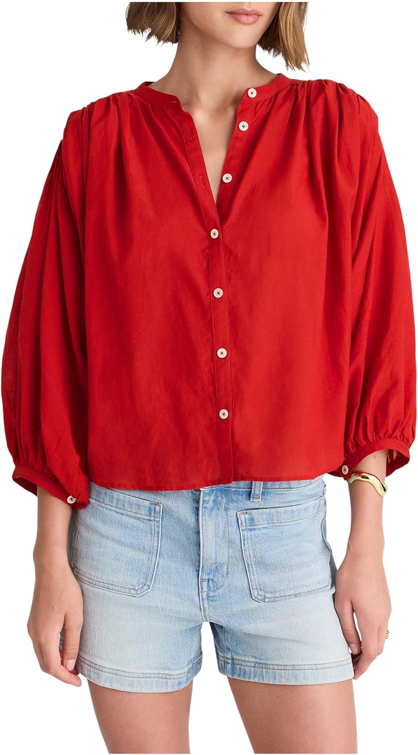 Madewell Womens Shirred Crewneck Button-up Top