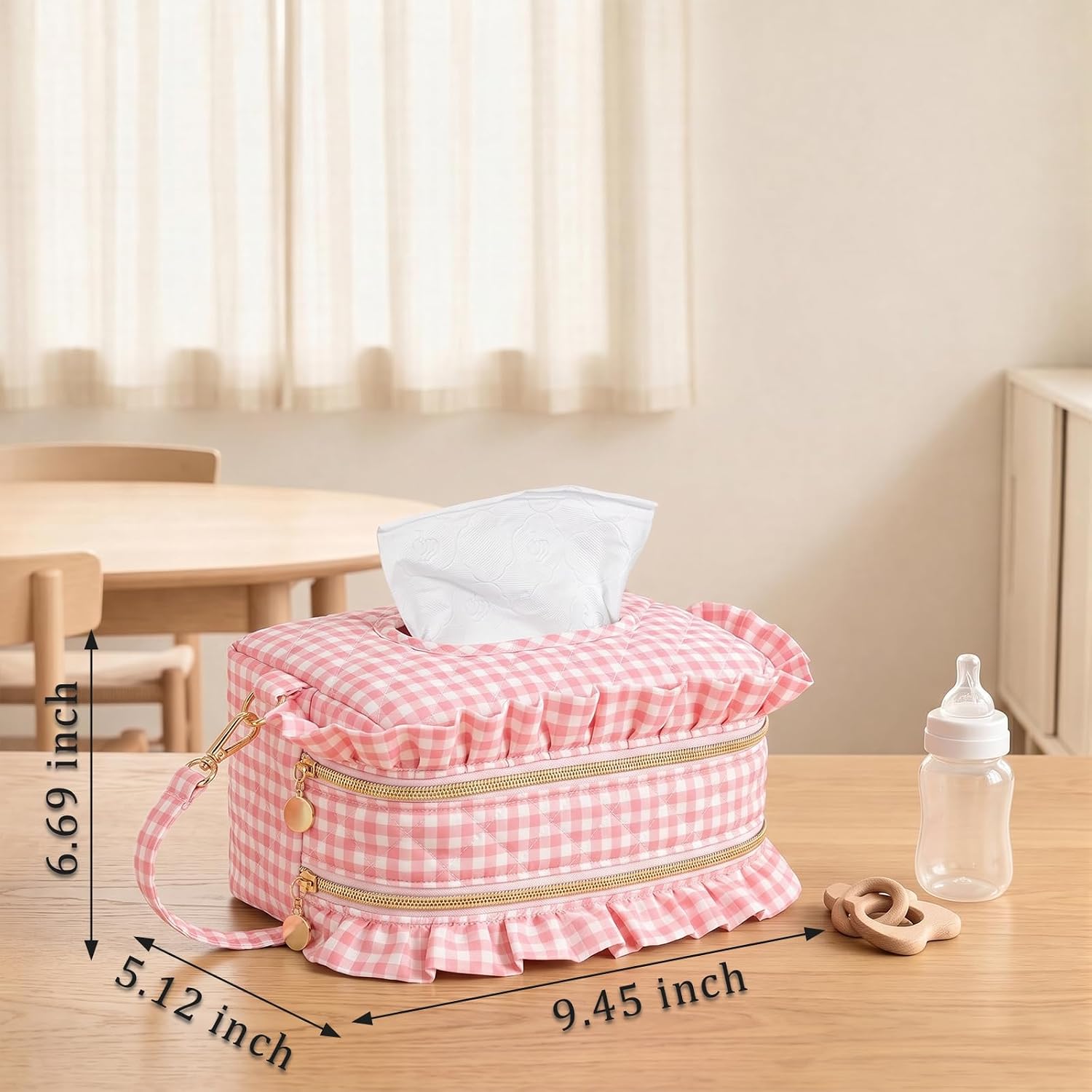 Double-Layer Wipe Holder Quilted Wipes Bag Small Hanging Diaper Bag Portable Wipe Pouch for Stroller, Home, Travel (Pink Checker) image 5
