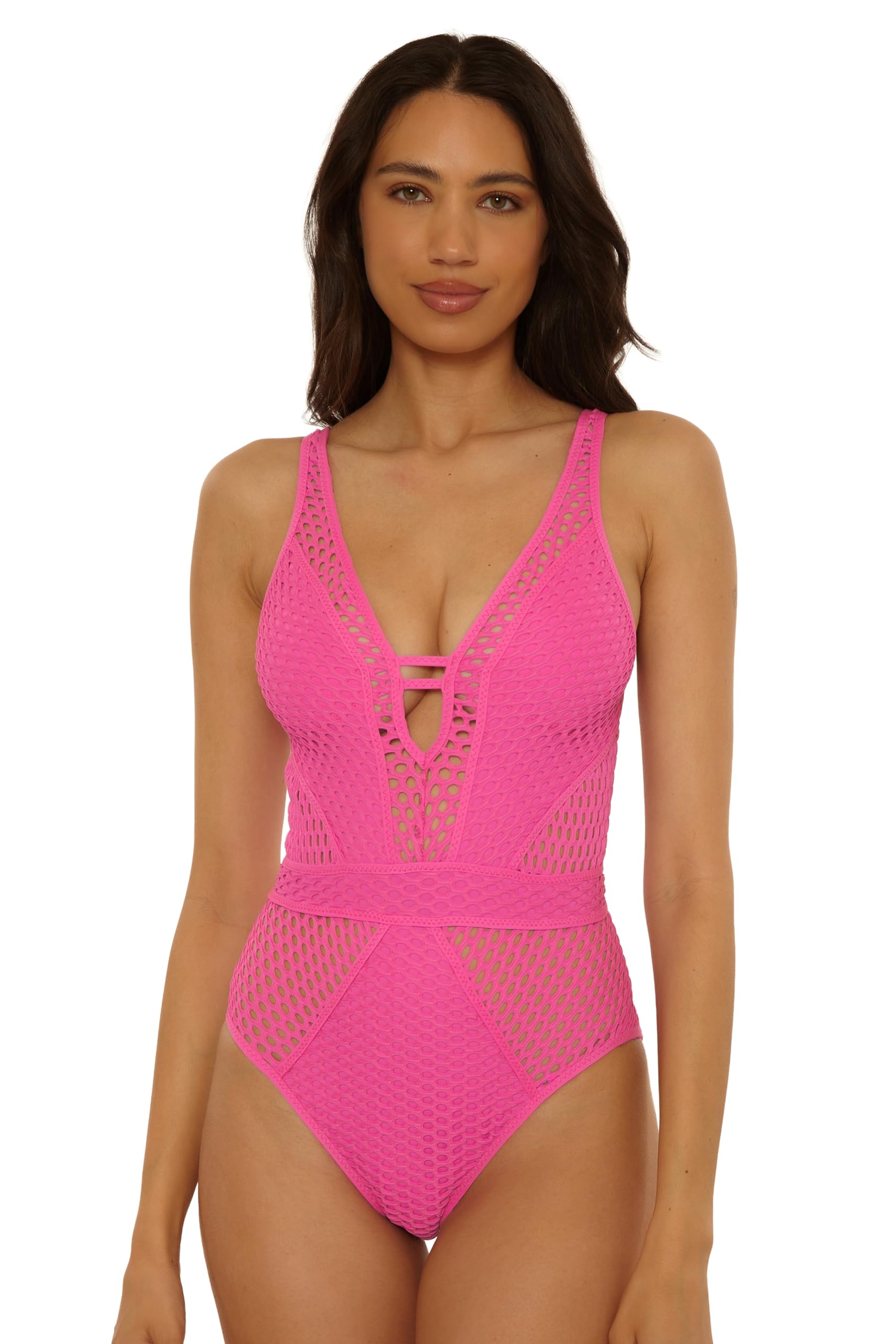 Photo 1 of BECCA Color Play - Women's One Piece Swimsuit, Plunge Neck, Crochet, Bathing Suits for Women, Rose Berry, Medium