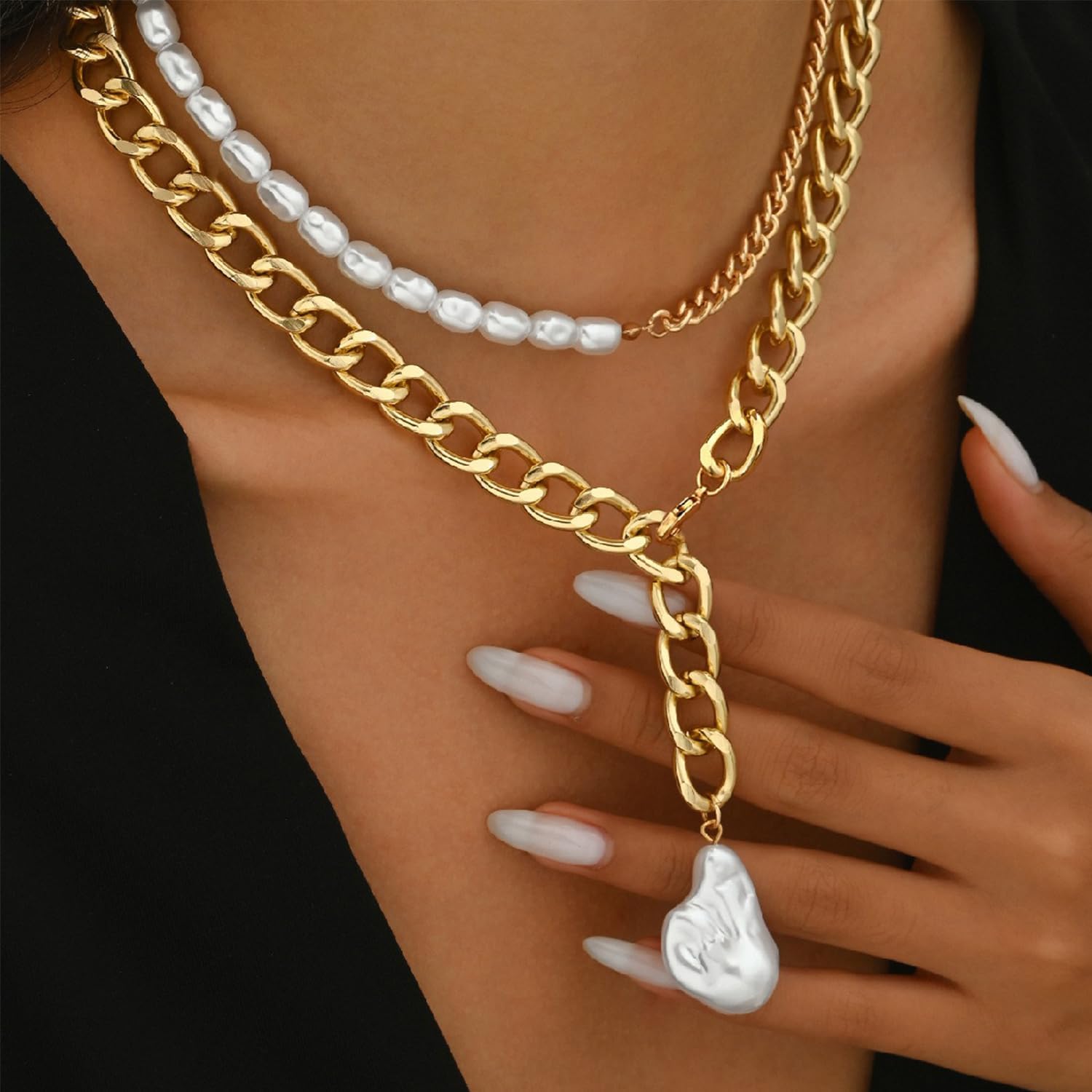 Gold Baroque Pearl Pendant Necklace for Women Chunky Pearl Cuban Chain Necklace Layered Pearl Chain Y Necklace Trendy Birthday Jewelery Gifts - Image 2