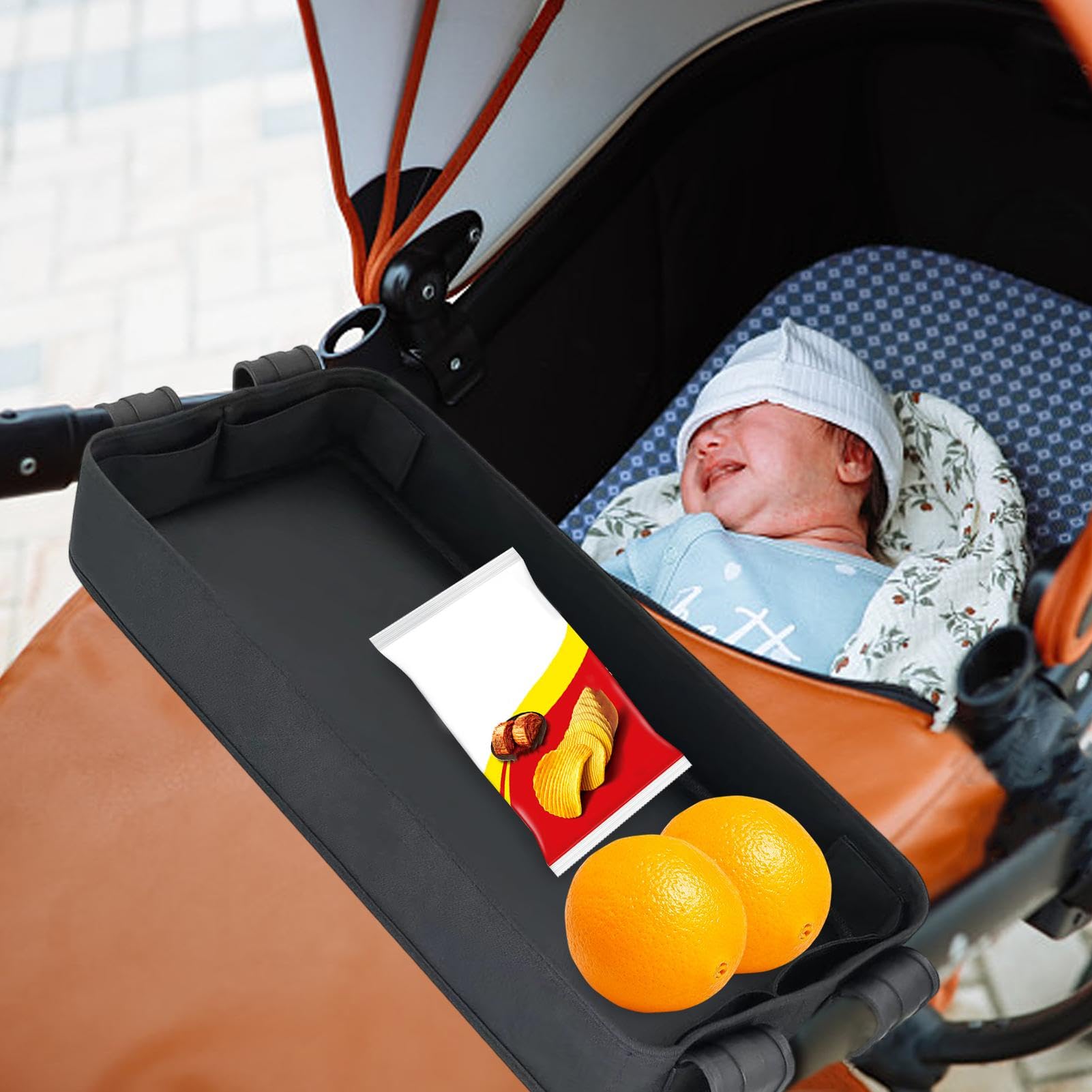 Snacktablett für Kinderwagen | Zubehör für Kinderwagen | Tablett für Kinderwagen | Kinderwagentablett mit Getränkehalter, Seite aus wasserdichtem Kunstleder, ideal für