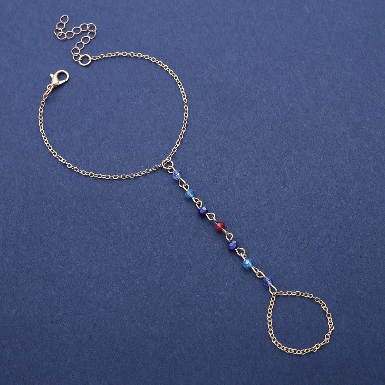 Boho Rainbow Bead Finger Ring Bracelet Gold Small Beads Hand Harness Chain Bracelet Vintage Colorful Beads Chain Bracelet Adjustable Slave Chain Bracelet Jewelry for Women - Image 3