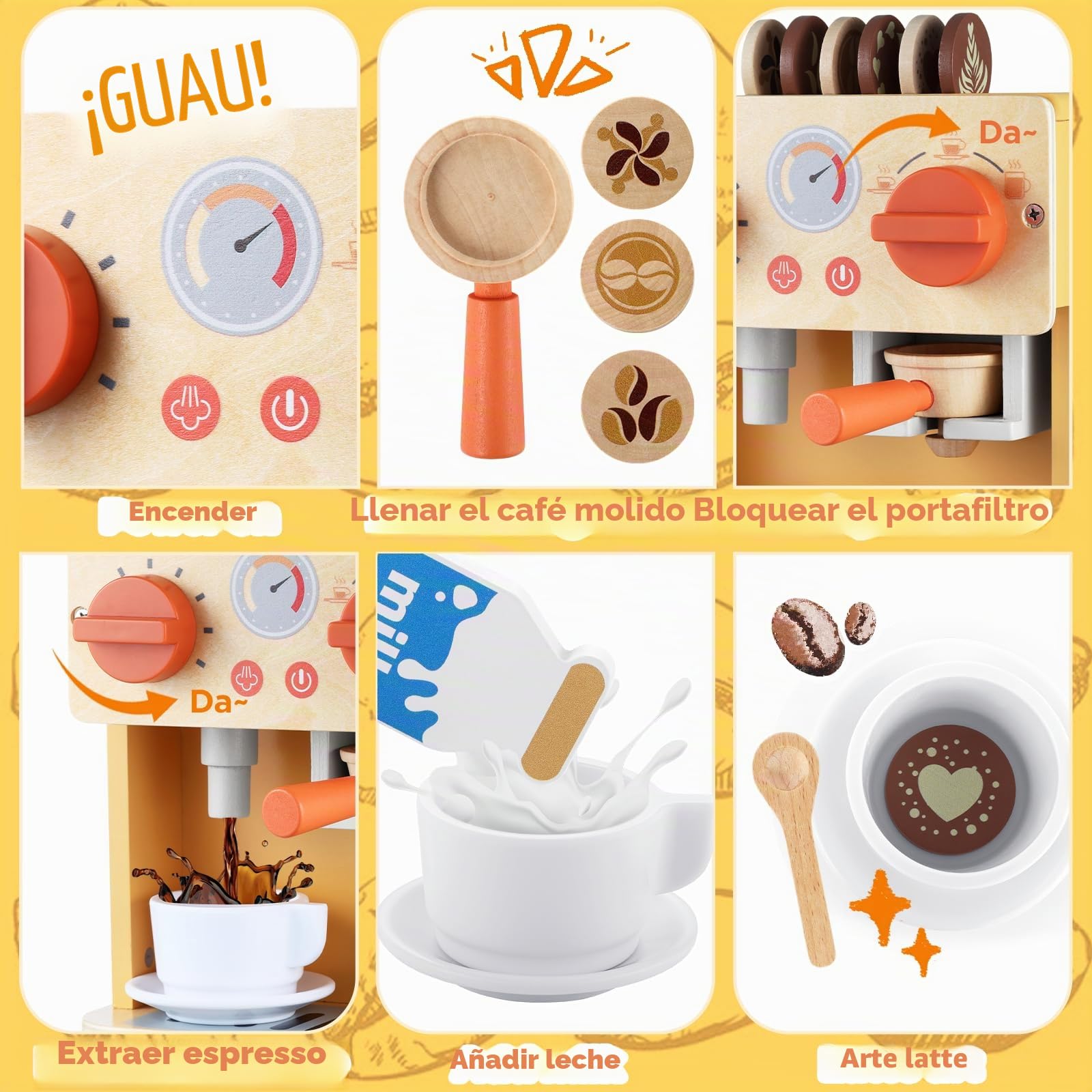 GAGAKU Cafetera de madera, juguetes para niños, juegos de fantasía, cafetera espresso, juego de accesorios para cocina de juegos, juguetes de cuero de madera para coordinación mano-ojo y habilidades