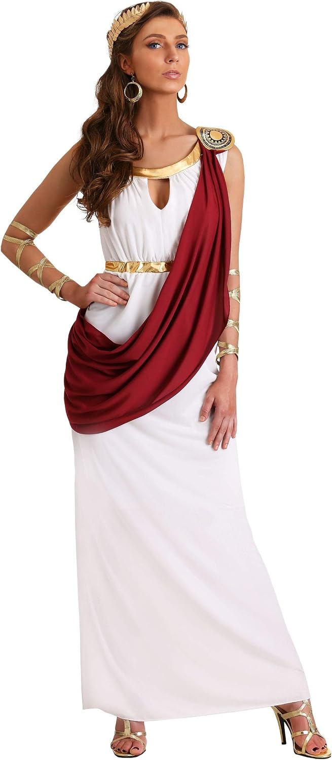 Goddess Olympic Empress Costume - One-Shoulder Dress, Drape & Medallion