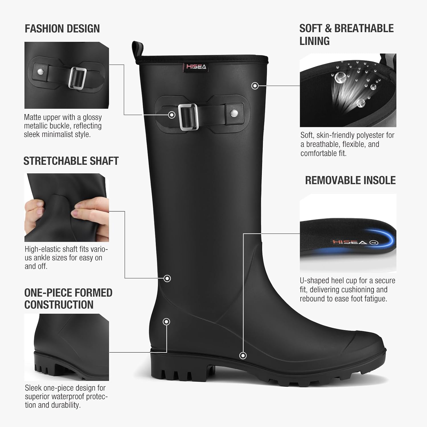HISEA Women Rain Boots Slim Calf Fashion Waterproof PVC Rubber Boot Tall Rainboots Matte Surface Women's Rain Footwear for Ladies Outdoor Work Walking - Image 3