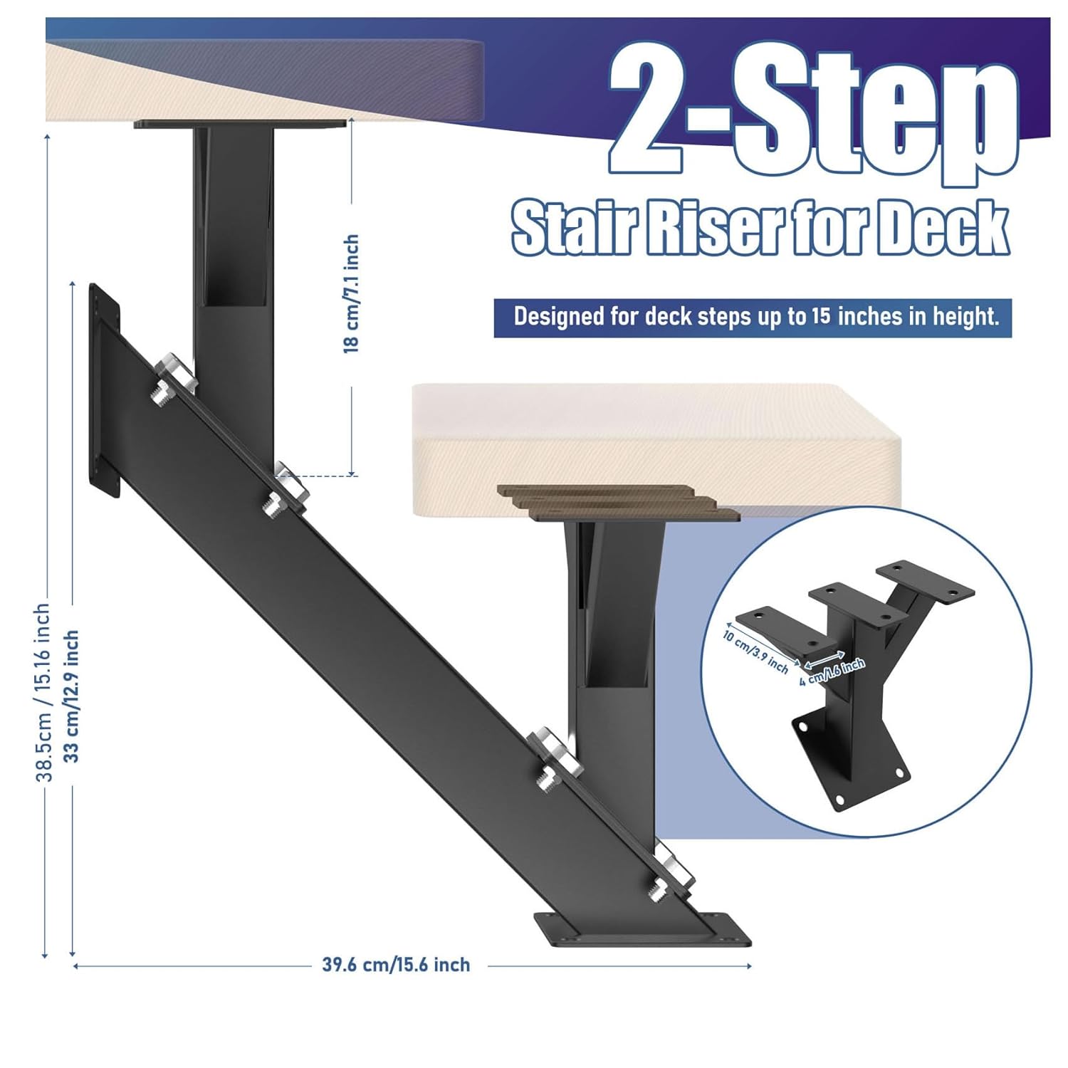 2 Step Metal Stair Stringers, Steel Stair Riser for Deck Height 15 Inch with Pre-drilled Holes, Heavy-Duty Load 500lbs, Outdoor Steps Riser for Deck Porch Patio Parages, Quick to Build Staircase