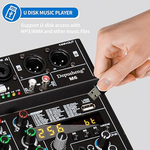 Miniatura 2 de Depusheng Mezclador de DJ M6 de 6 canales portátil Bluetooth MP3 Consola de mezcla de sonido integrado 256 efectos digitales con alimentación