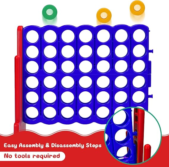 COSTWAY Giant Connect 4, 3-in-1 Indoor Outdoor Family Game with Basketball Hoop, Ring Toss, 42 Jumbo Rings, Quick-Release Slider, Four in A Row Game Set for Kids Adult (Red)